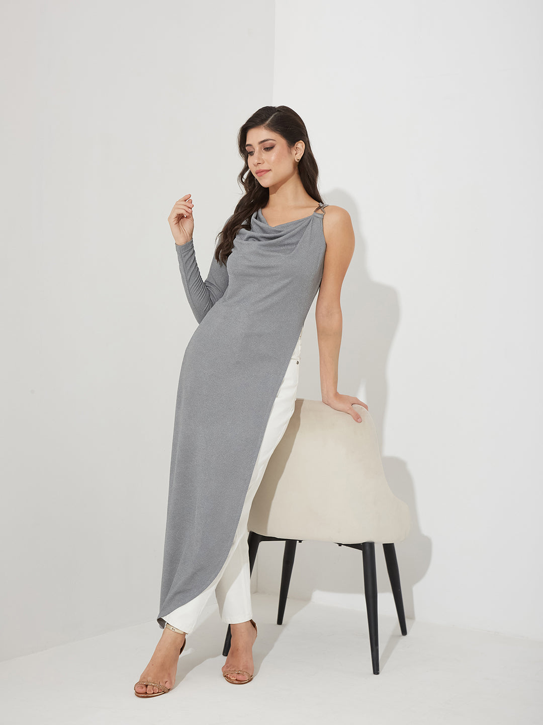 Women’s Grey Asymmetric Cowl Full-Sleeved Solid Asymmetric Maxi Polyester Top for Women