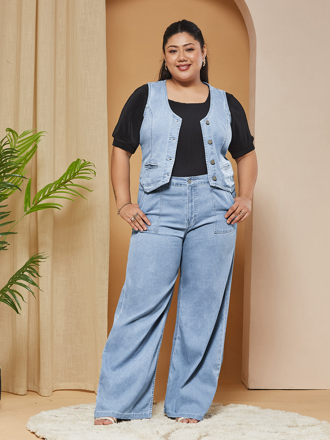 Light Blue Wide-Leg High Rise Stretchable Light-weight Denim Co-Ord Set for Women