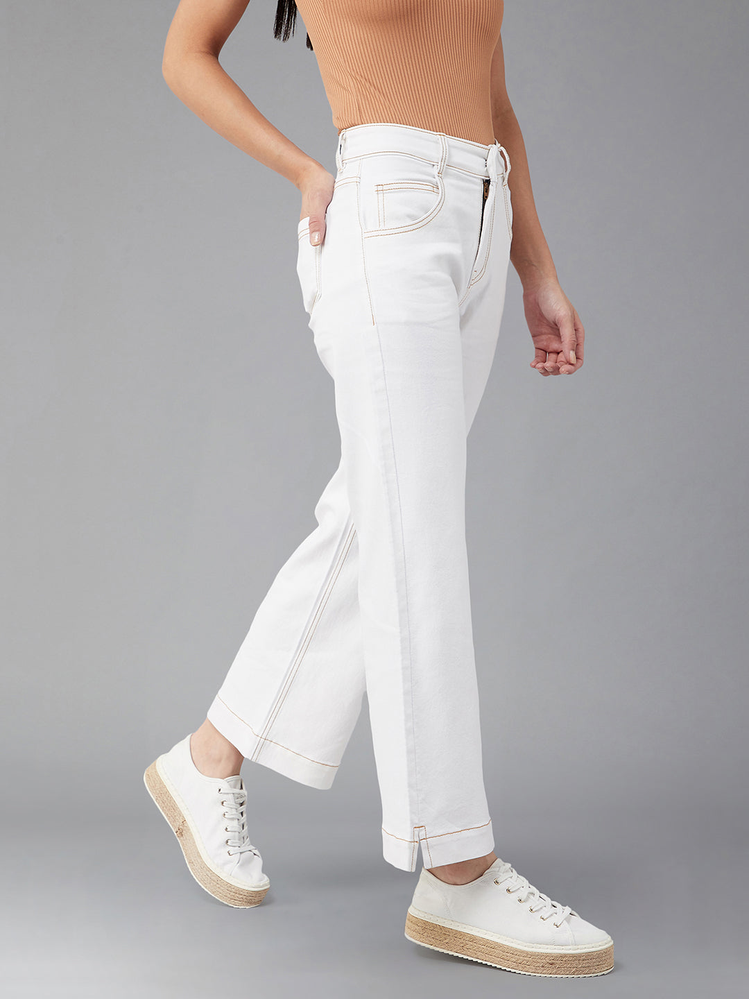 24/7 Comfort White Flared Mid-Rise Ankle length Stretchable Denim Jeans