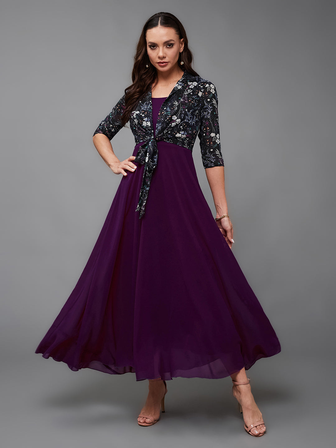 Multicolored-Base-Dark Purple Floral Notched Collar 3/4 Sleeve Georget
