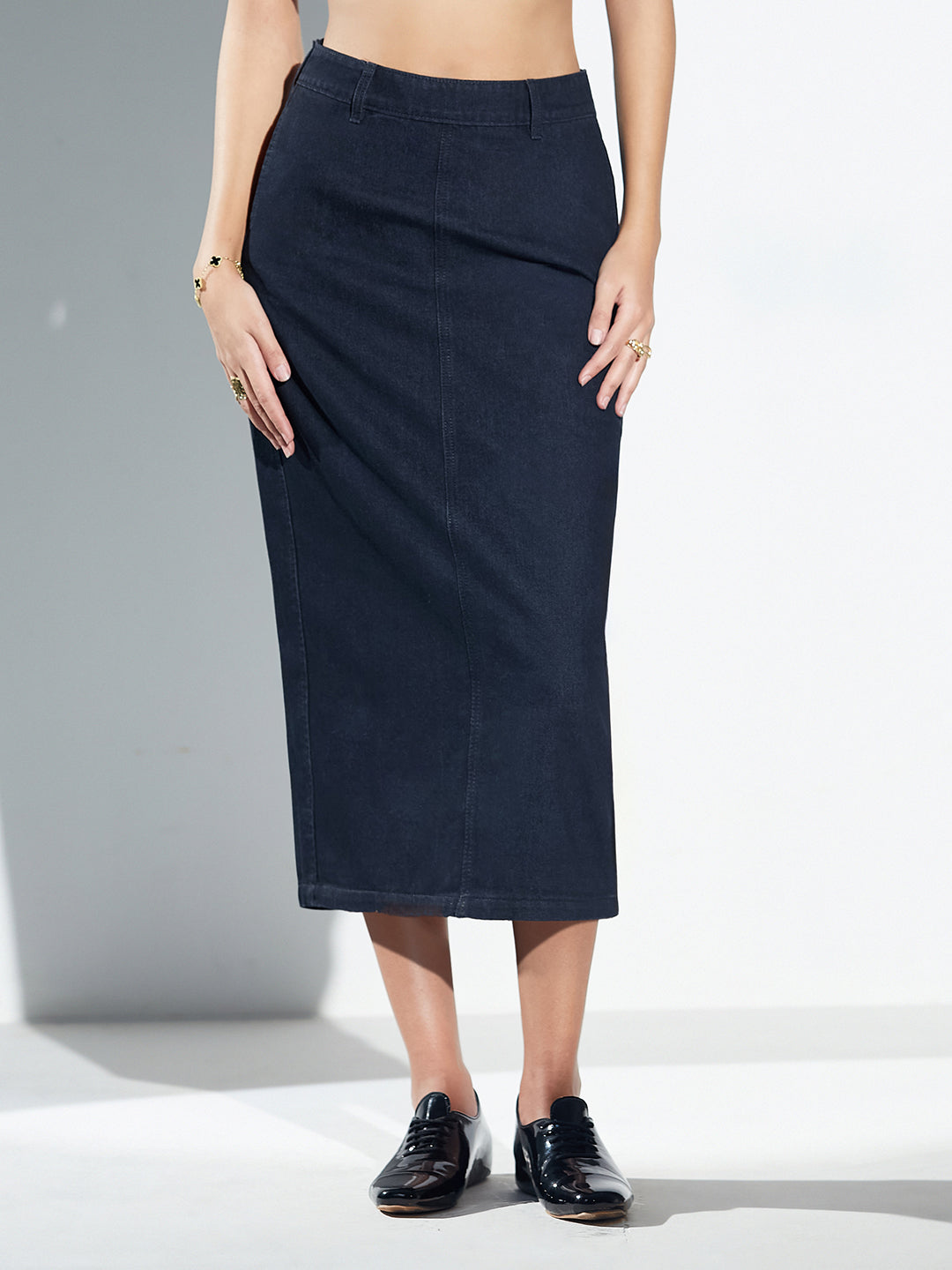 Black High-Rise Straight Fit Denim Midi Skirt with Zip Closure & Back Slit For Women