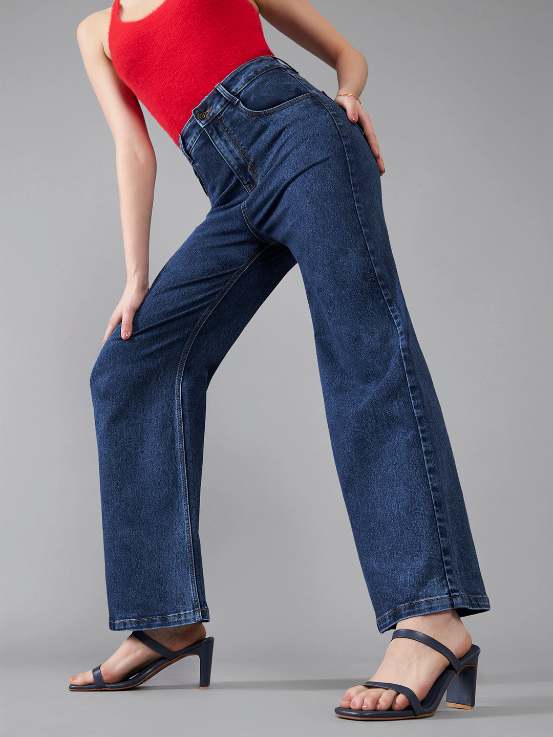 24/7 Comfort Mid-Blue Wide-Leg High-Rise Stretchable Denim Jeans