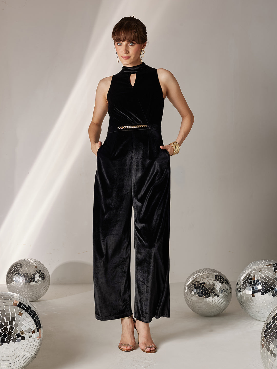 Women's Black Choker Neck Sleeveless Solid Pleated Regular Jumpsuit