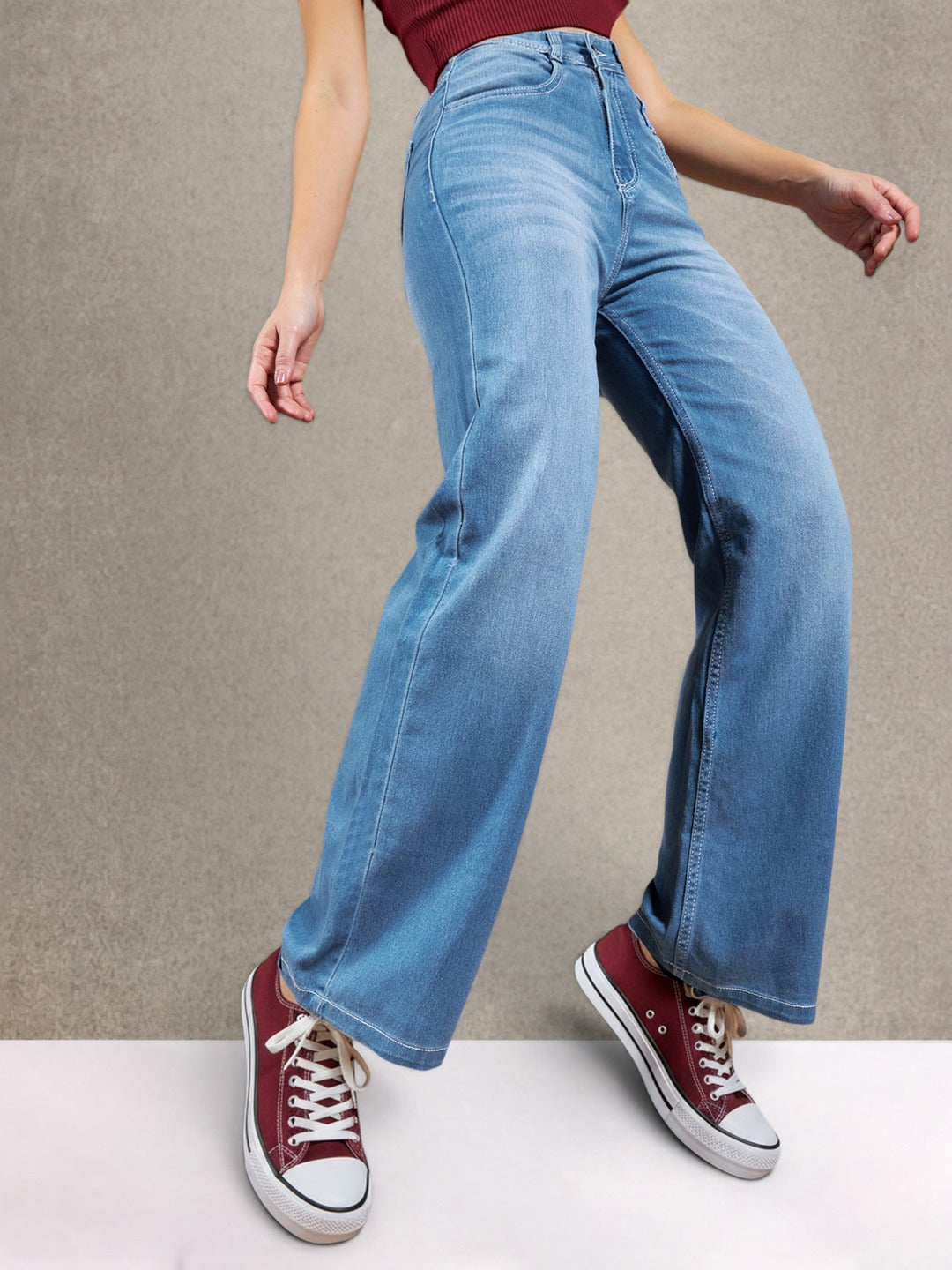 Light Blue Wide-Leg Mid Rise Blast Effect Light Weight Denim Jeans for Women