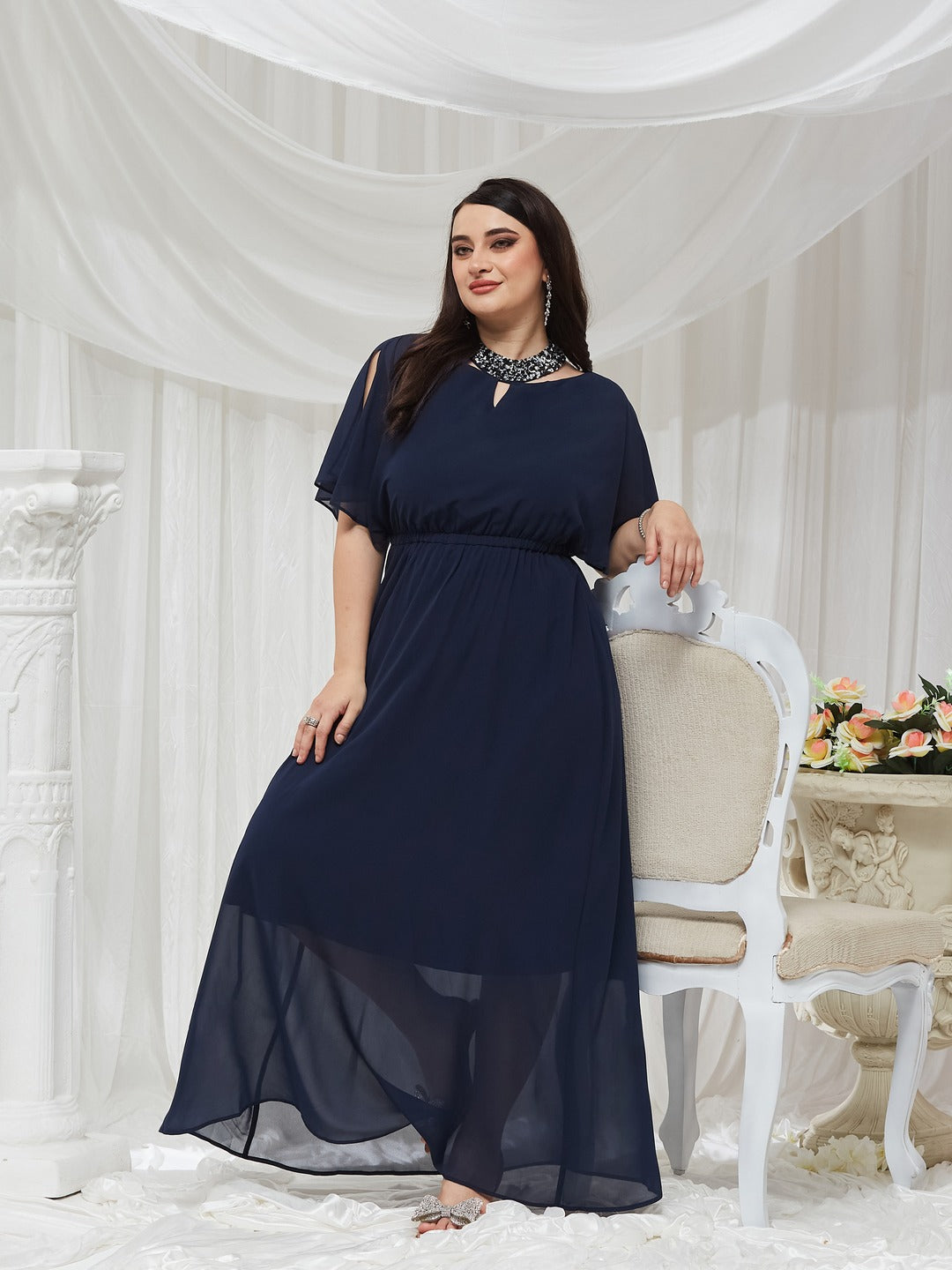 Navy Blue Round Neck Flared Solid Embellished Choker/Gathered Maxi Dress for Women