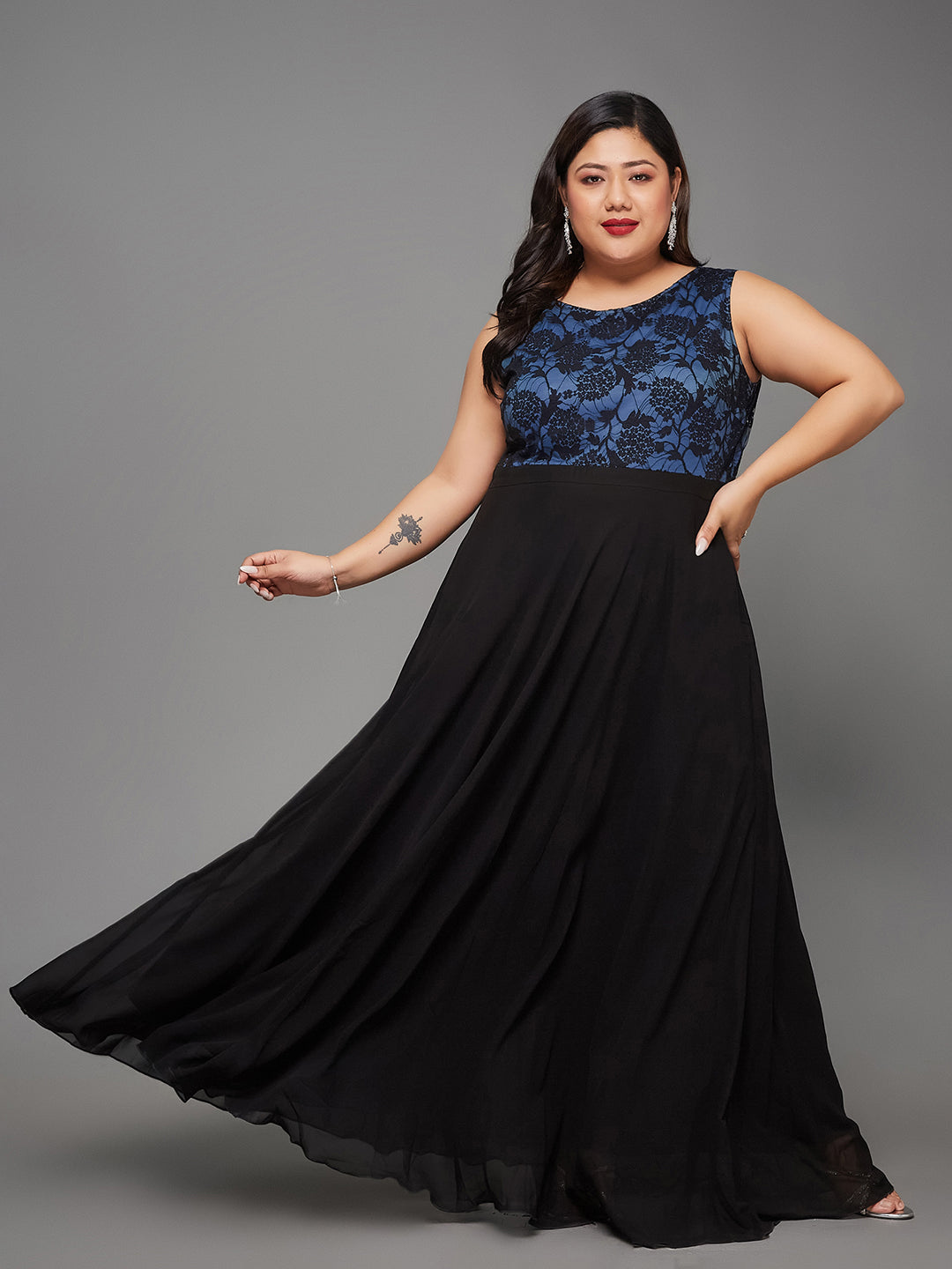 Blue & Black Round Neck Sleeveless Georgette Floral Lace Fit & Flare Maxi Dress for Women