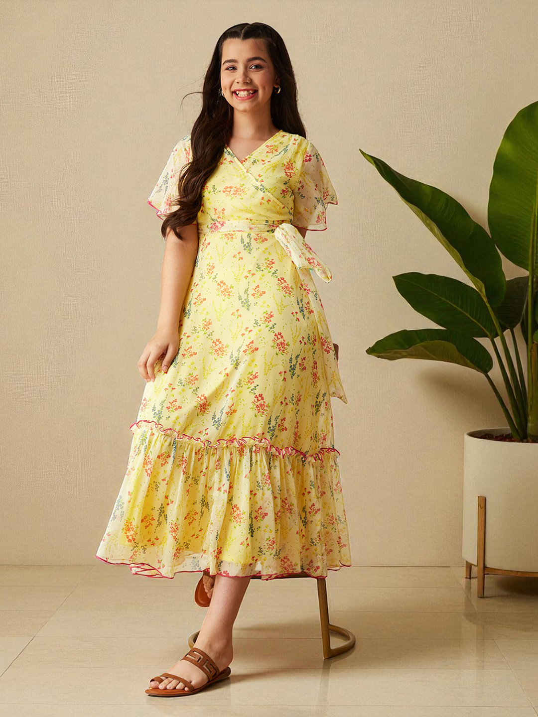 Multicolored-Base-Yellow V Neck Flared Sleeve Floral Wrap Maxi Dress for Women