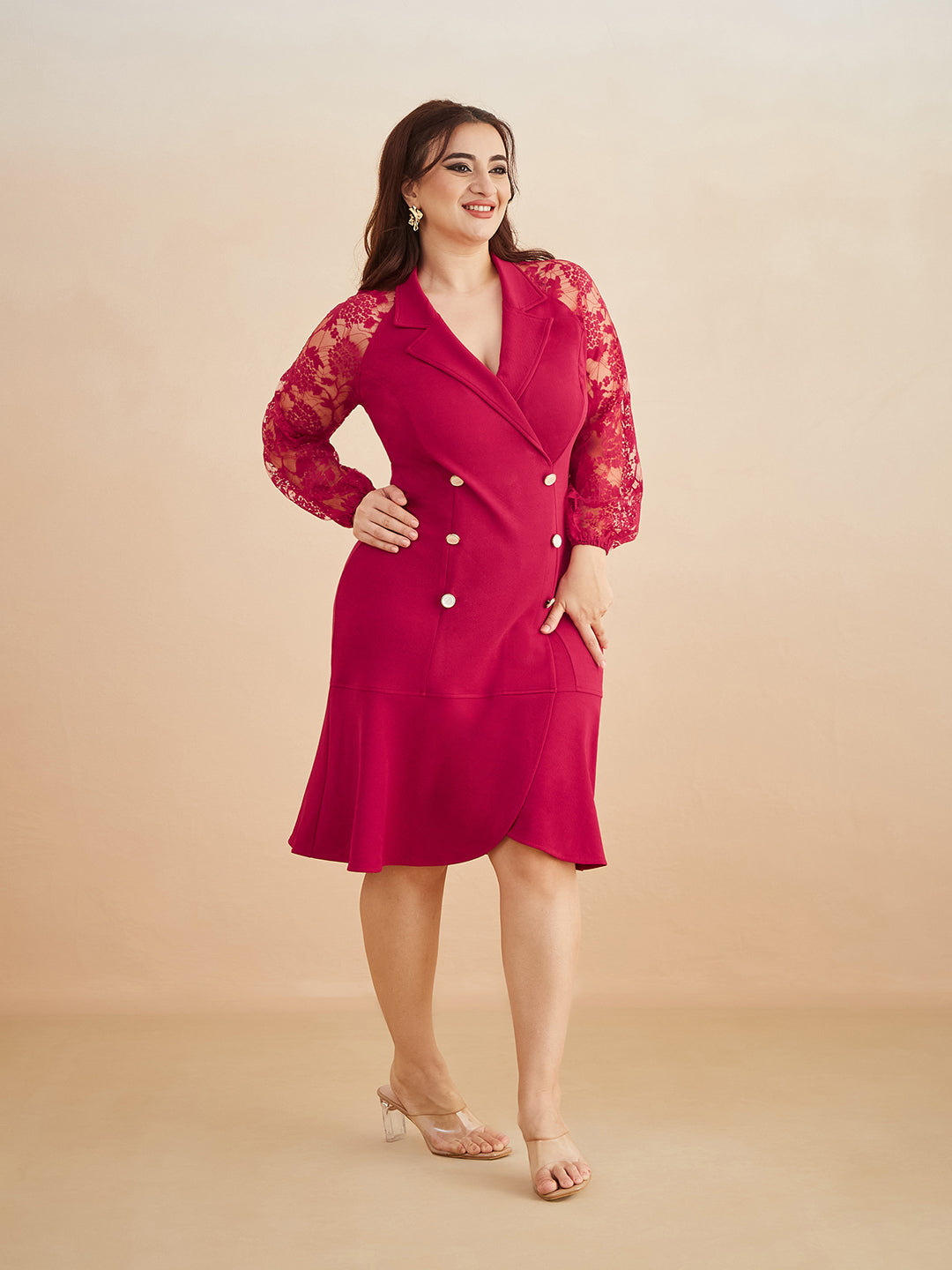 Dark Pink V-neck Full Sleeves Solid Blazer Knee Length Dress for Women