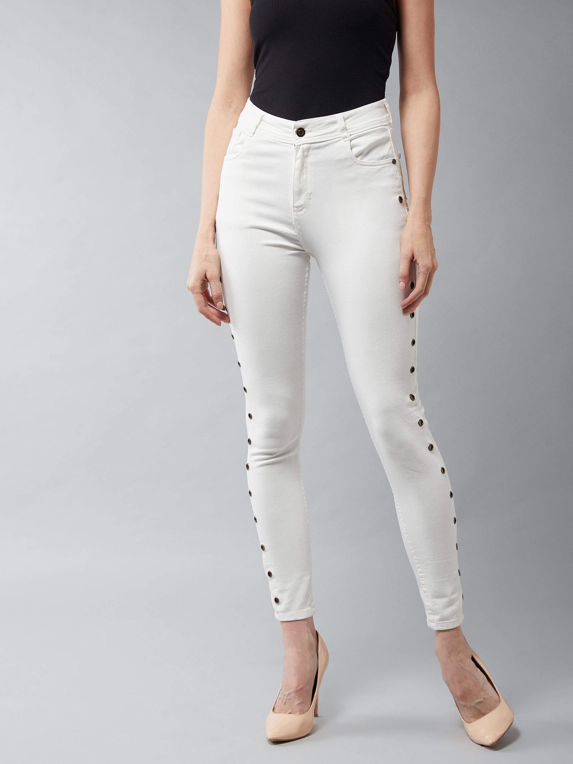 Women's White Skinny High-Rise Eyelet detailing Stretchable Denim Jeans