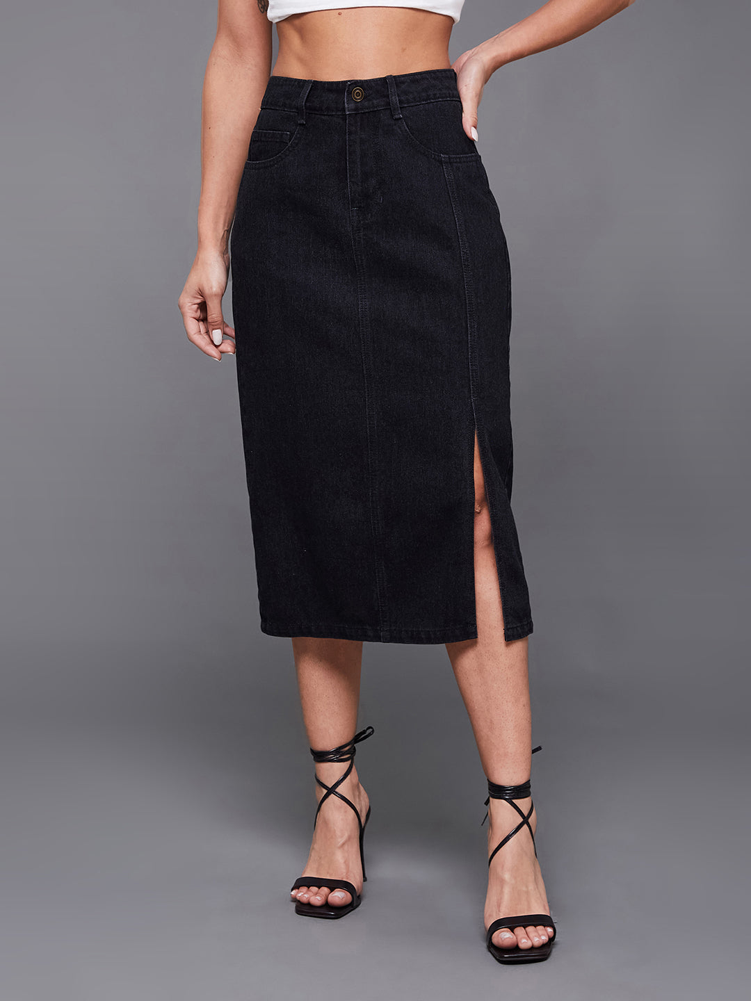 Black Straight-Fit High-Rise Stretchable Denim Midi Skirt for Women