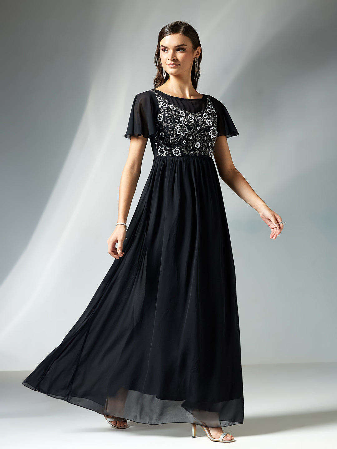 Women's Black Embellished Gathered Maxi Dress