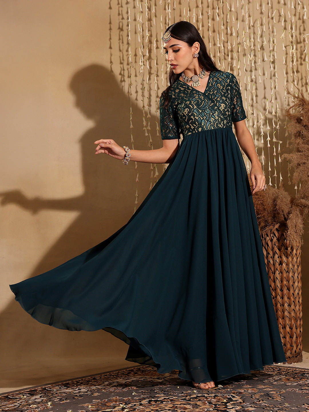 Women's Teal V-Neck Half Sleeve Self Designed Wrap Georgette Maxi Dress
