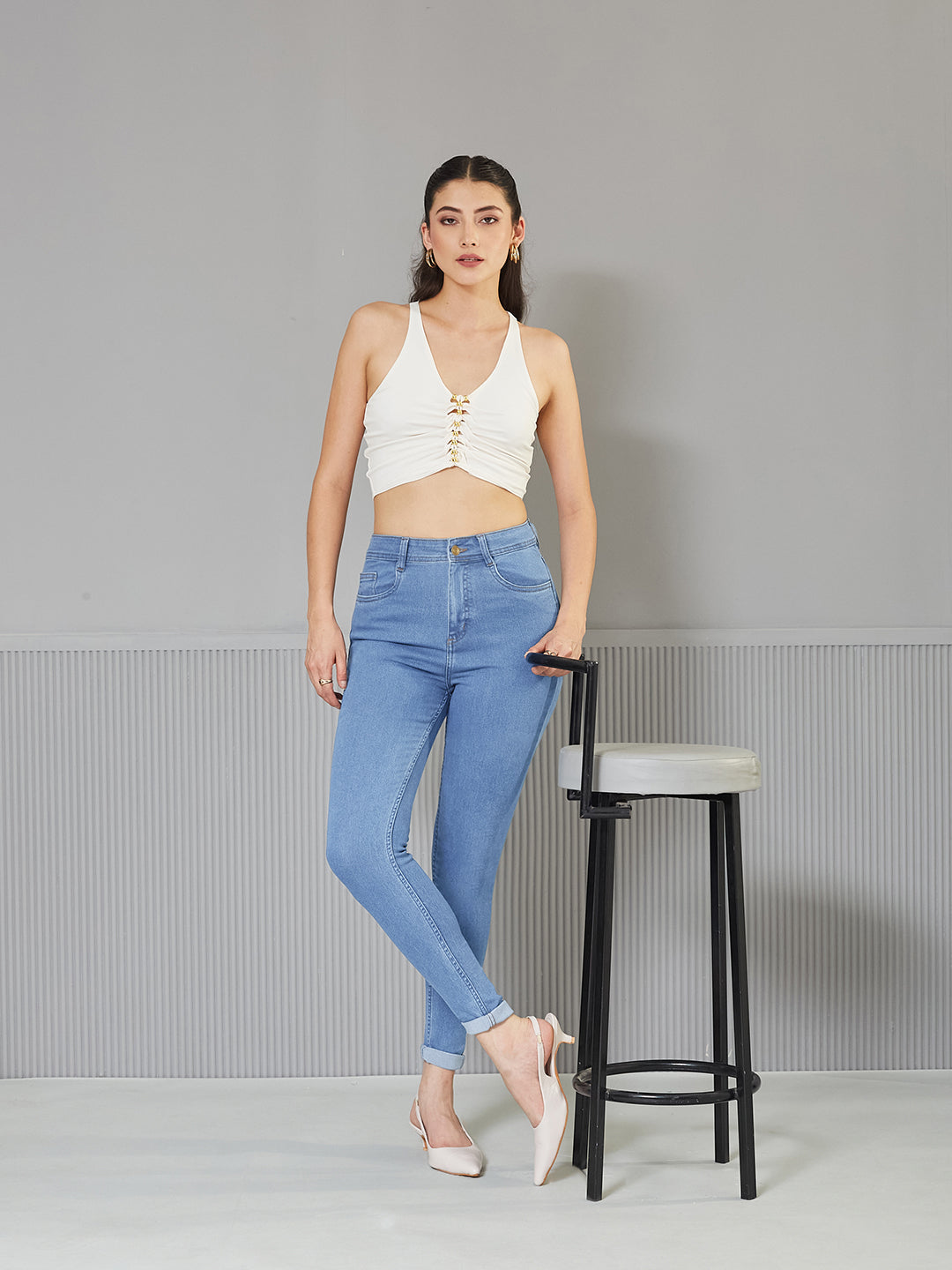 Blue Skinny-Fit High-Rise Distressed Denim Jeans for Women