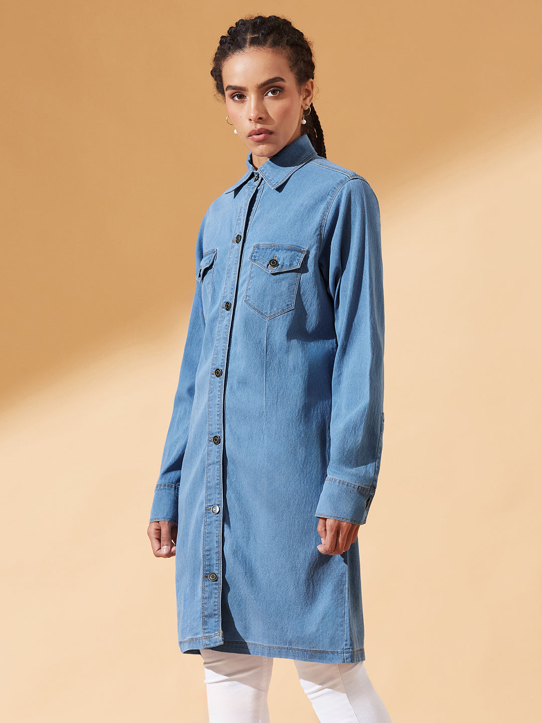Blue Polo Neck Full Sleeves Denim Knee-Long Shrug for Women