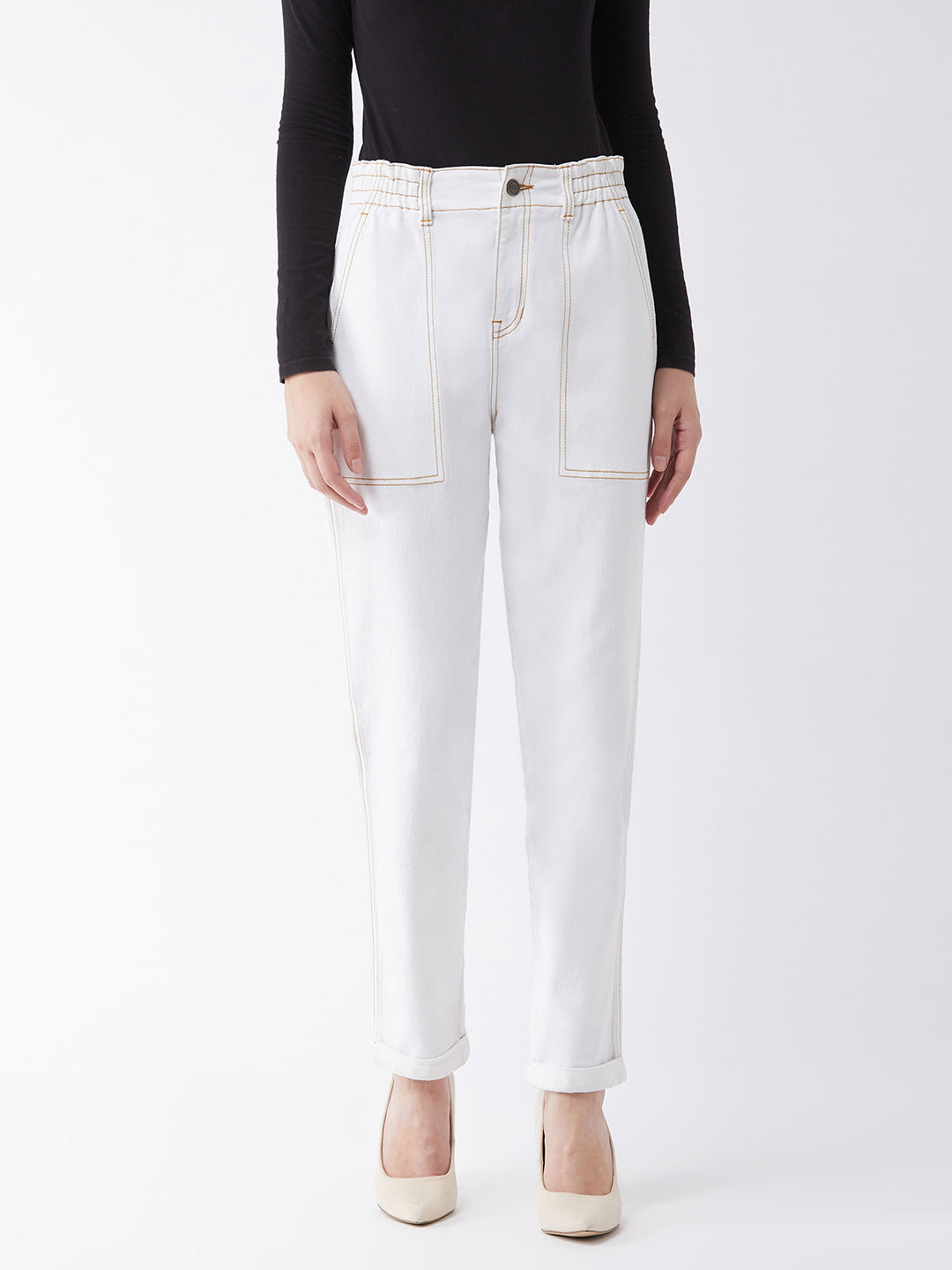 Women's White Mom's Jean High-Rise Stretchable Denim Jeans