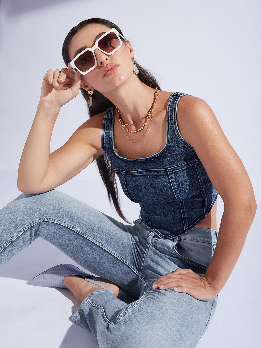 Navy Blue Square Neck Sleeveless Zipper Corset Denim Crop Top For Women