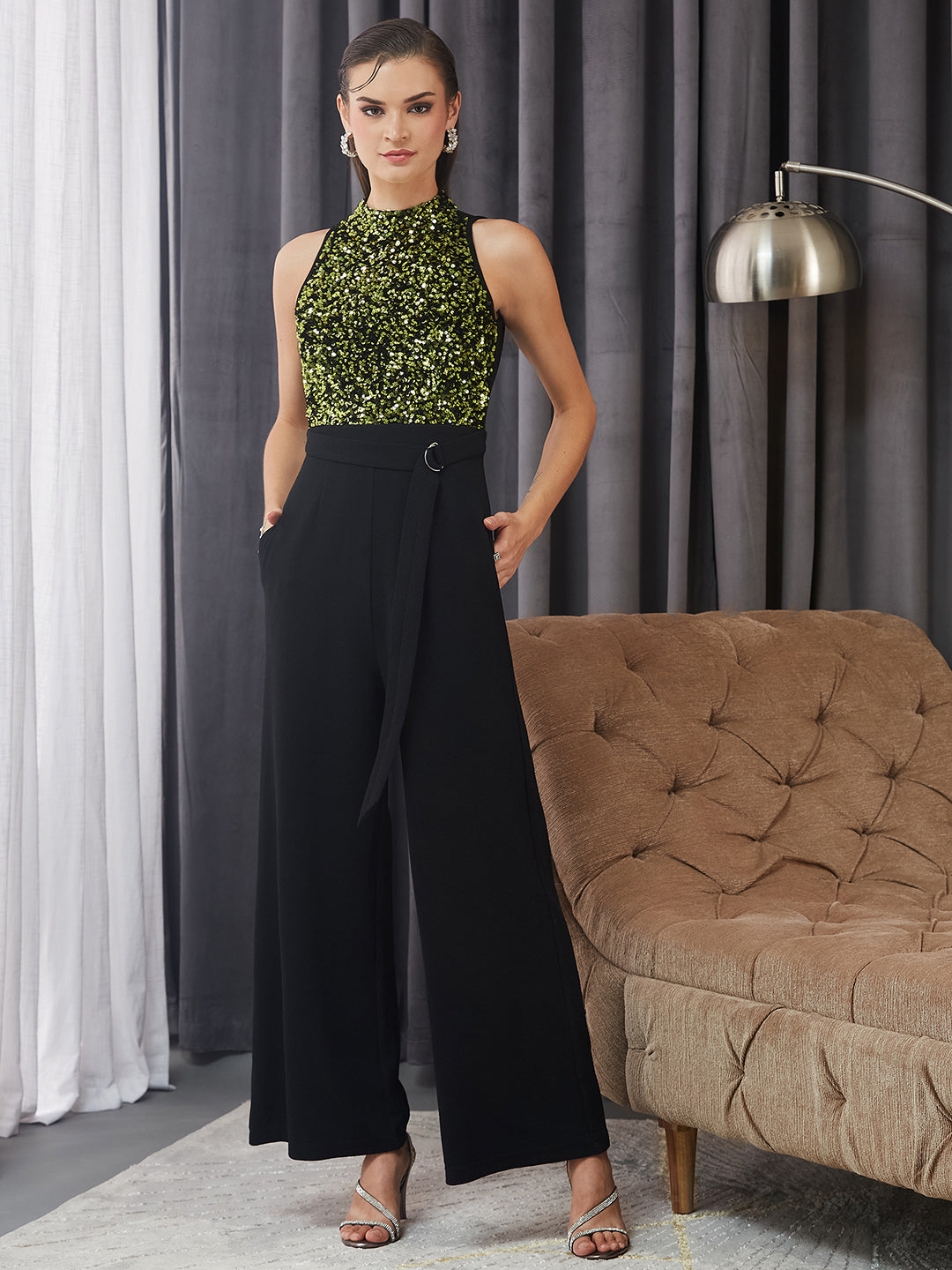 Women's Black And Green Halter Neck Sleeveless Embellished Regular-Length Jumpsuit