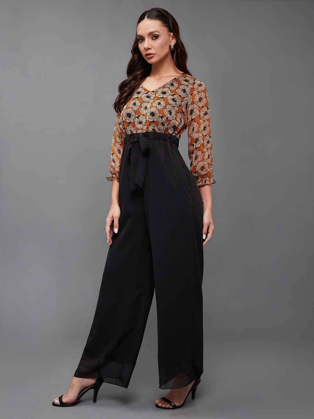 Women's Multicolored-Base-Black V-Neck Bishop Floral Wide-Leg Georgette Regular Length Jumpsuit