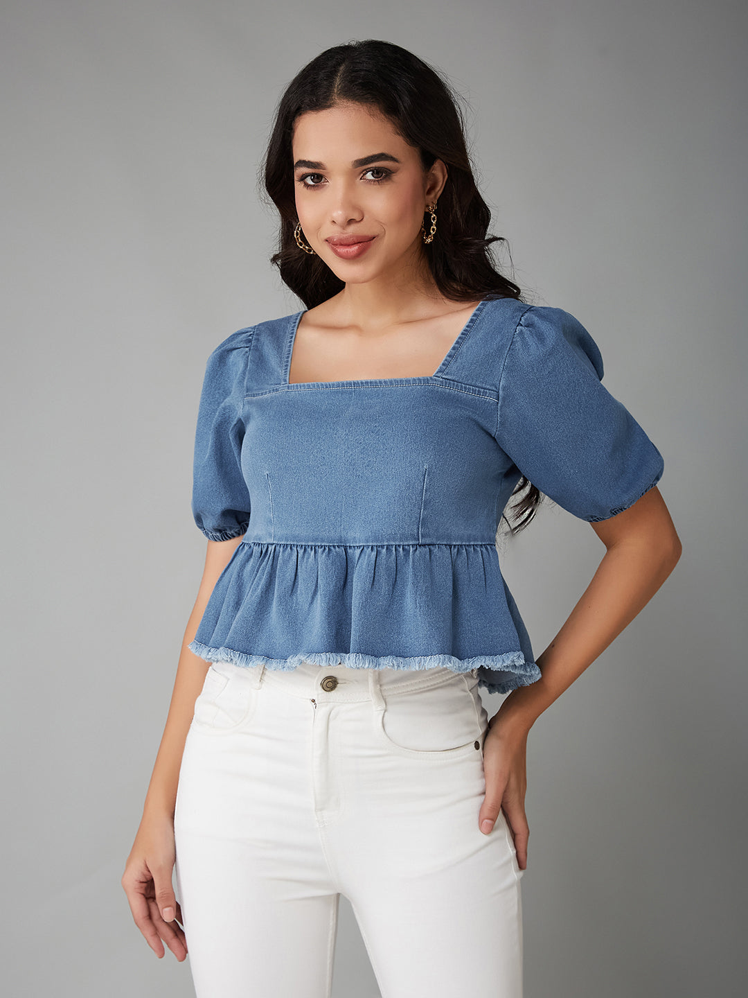 Women's Light Blue Square-Neck Puff-Sleeve Peplum-Styled Denim Cropped