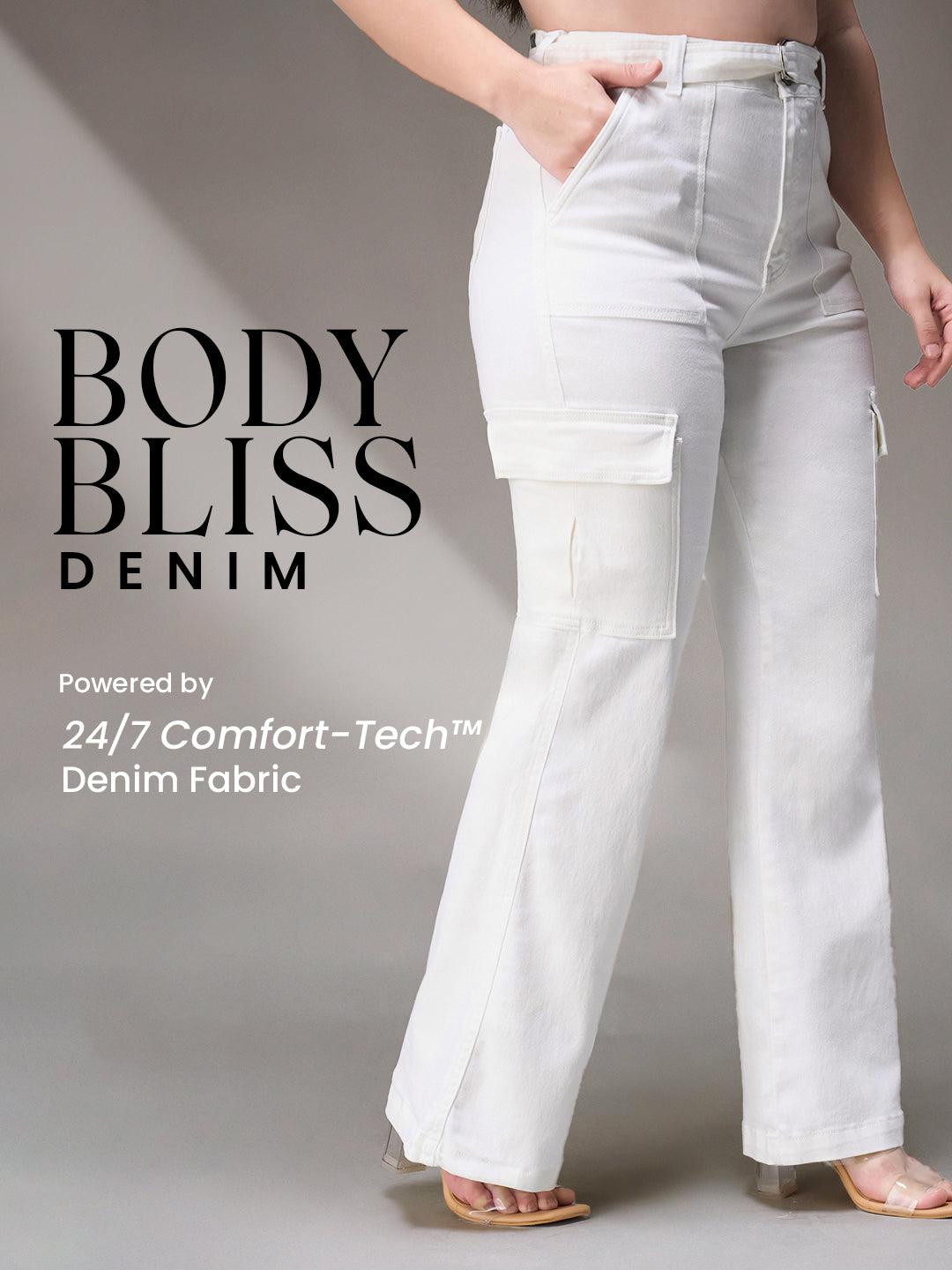 Body Bliss White Wide-Leg High-Rise Stretchable Denim Jeans for Women