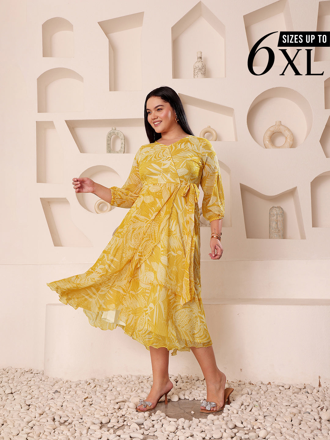 Yellow Floral Printed Full Sleeves Fit and Flare Maxi Dress for Women