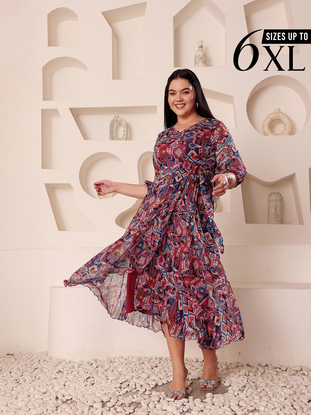 Multicolored V-Neck Three-Quarter Sleeve Geometric Patterned Wrap Midi Chiffon Dress for Women