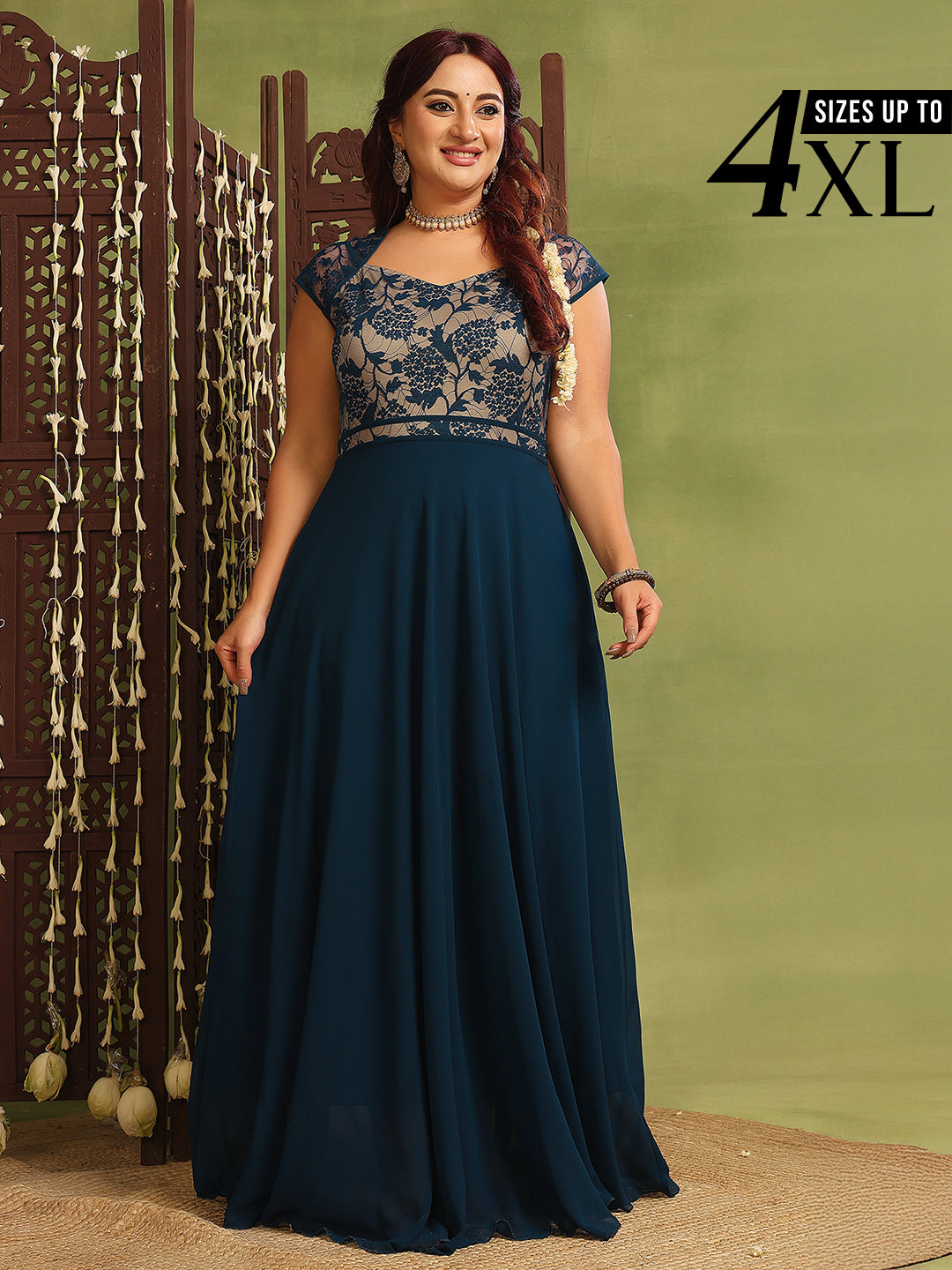 Teal Floral Cap Sleeves Fit and Flare Lace Maxi Dress for Women