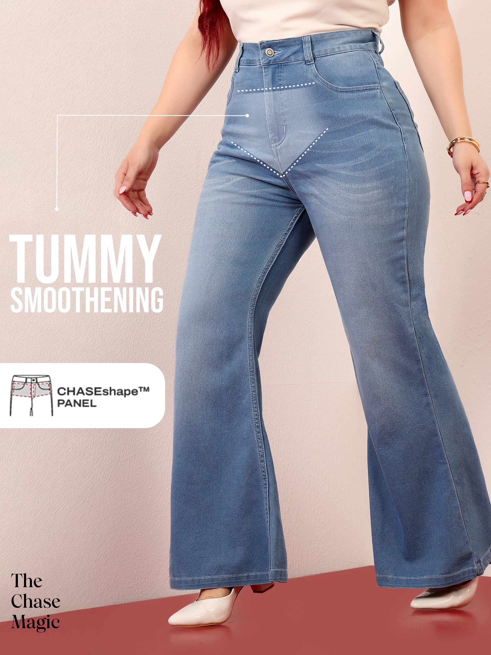 Tummy Smoothening Light-Shaping Bootcut High-Rise Mid-Blue Denim Jeans