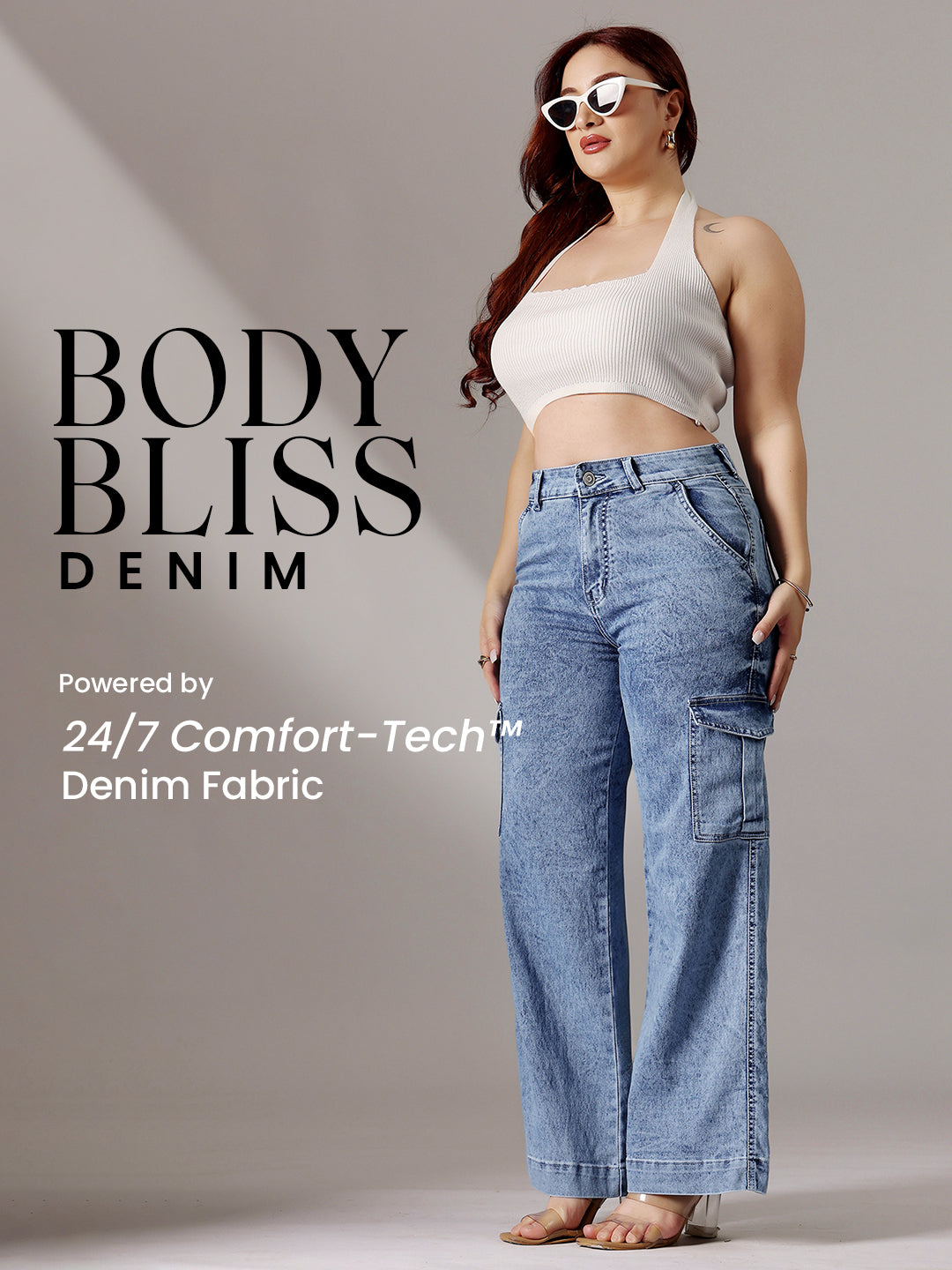 Body Bliss Light-Blue Wide-Leg High-Rise Clean-Look Regular-Length Stretchable Flared Cargo Style Denim Jeans for Women