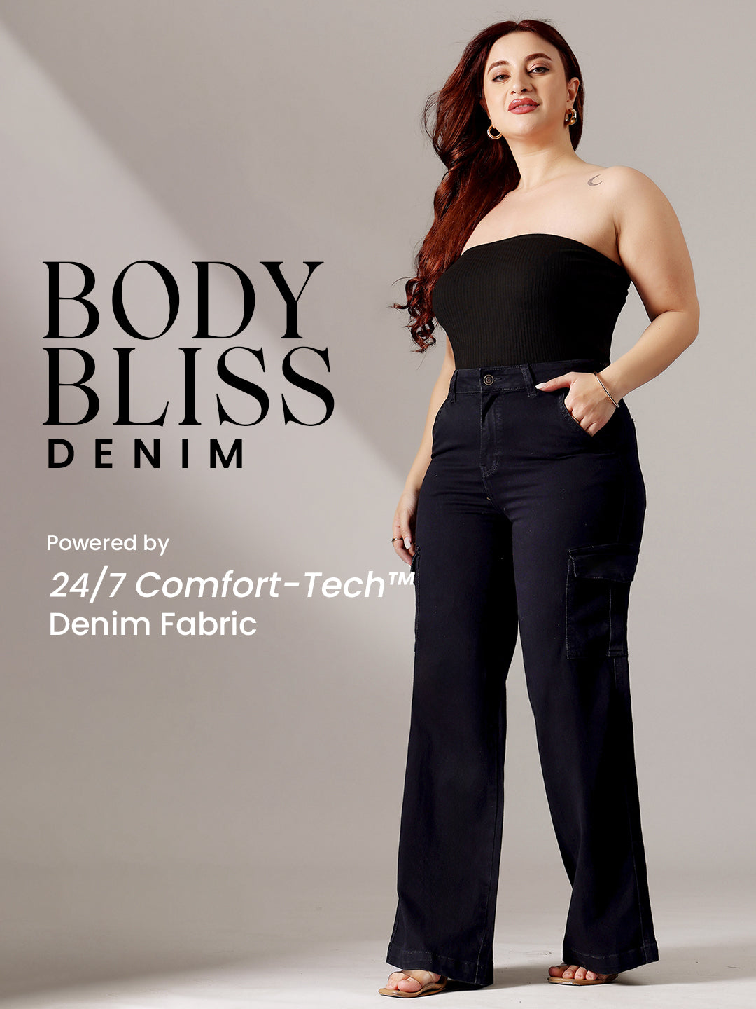 Body Bliss Black Wide-Leg High-Rise Clean-Look Regular-Length Stretchable Denim Jeans for Women