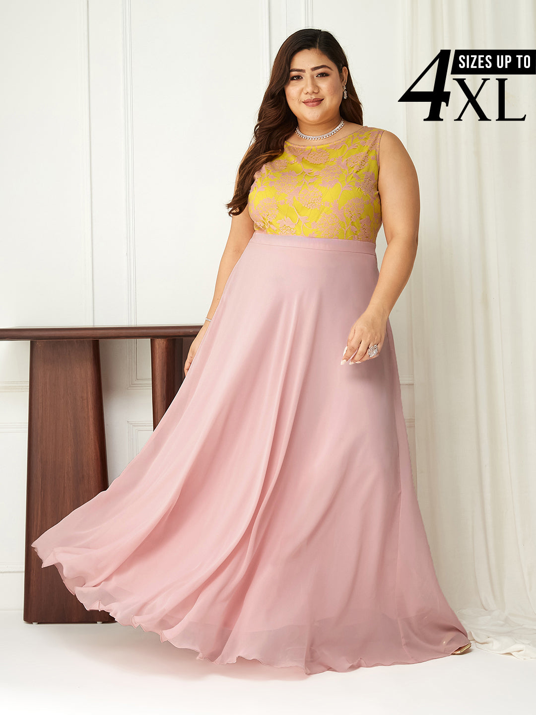 Dusty Pink & Yellow Sleeveless Fit and Flare Lace Dress for Women