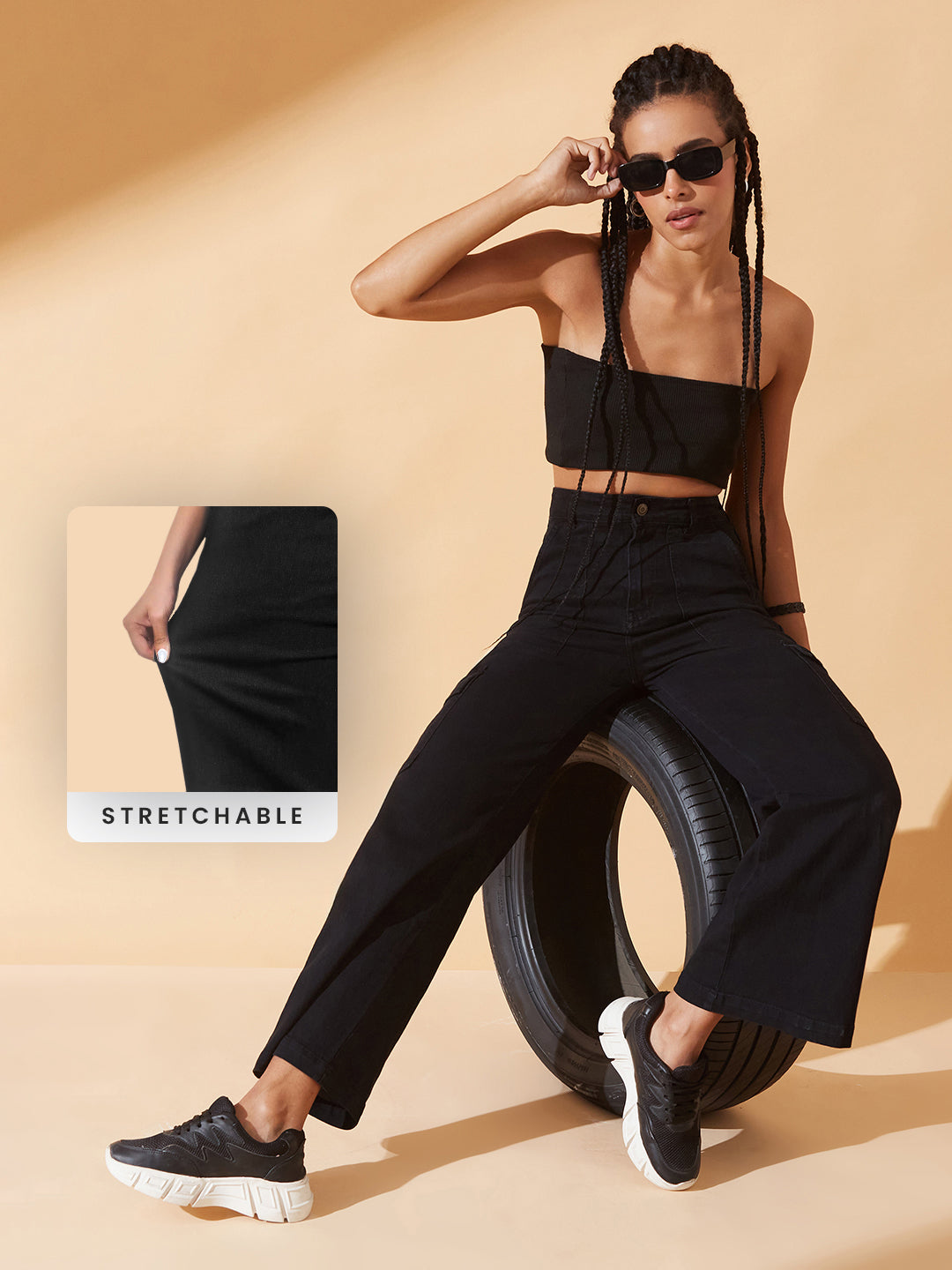 CHASEstretch™ Black Wide leg High-Rise Regular Stretchable Denim Jeans For Women