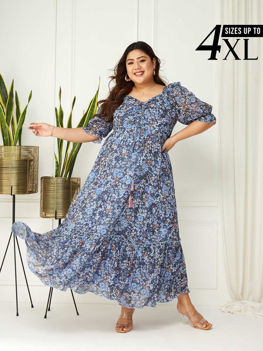 Navy Blue Multicoloured Floral Printed Puff Sleeves Sweetheart Neck Fi