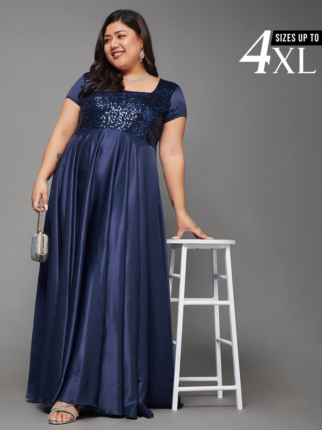 Navy Blue Short Sleeves Sequinned Fit and Flare Maxi Dress for Women