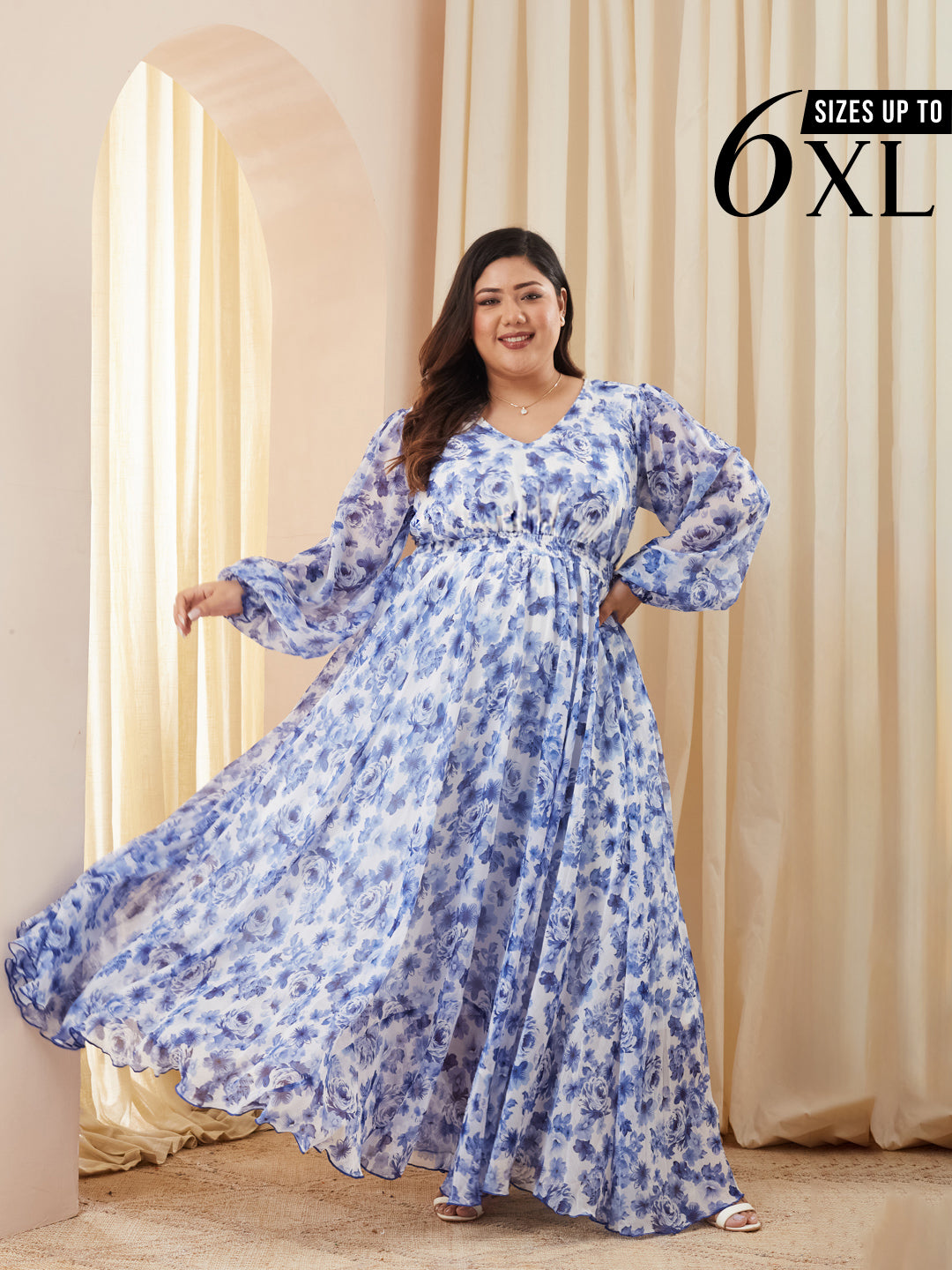 White Full Sleeves Floral Printed Fit and Flare Dress for Women