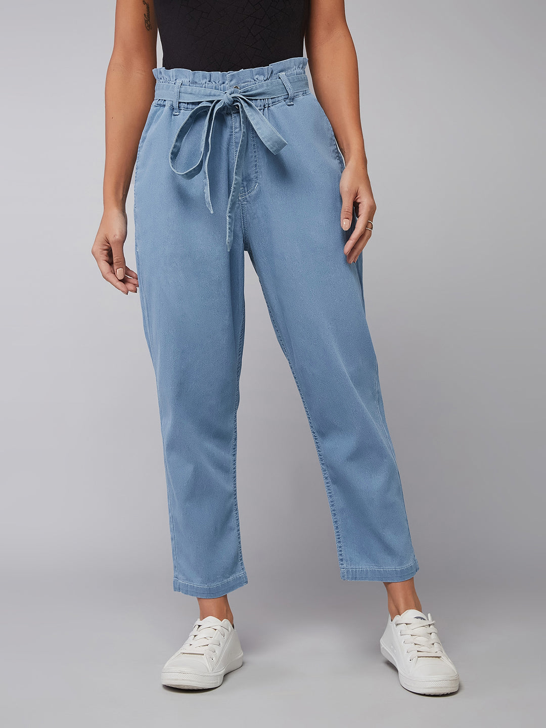 Women's Light Blue Paperbag High-Rise Stretchable Denim Jeans