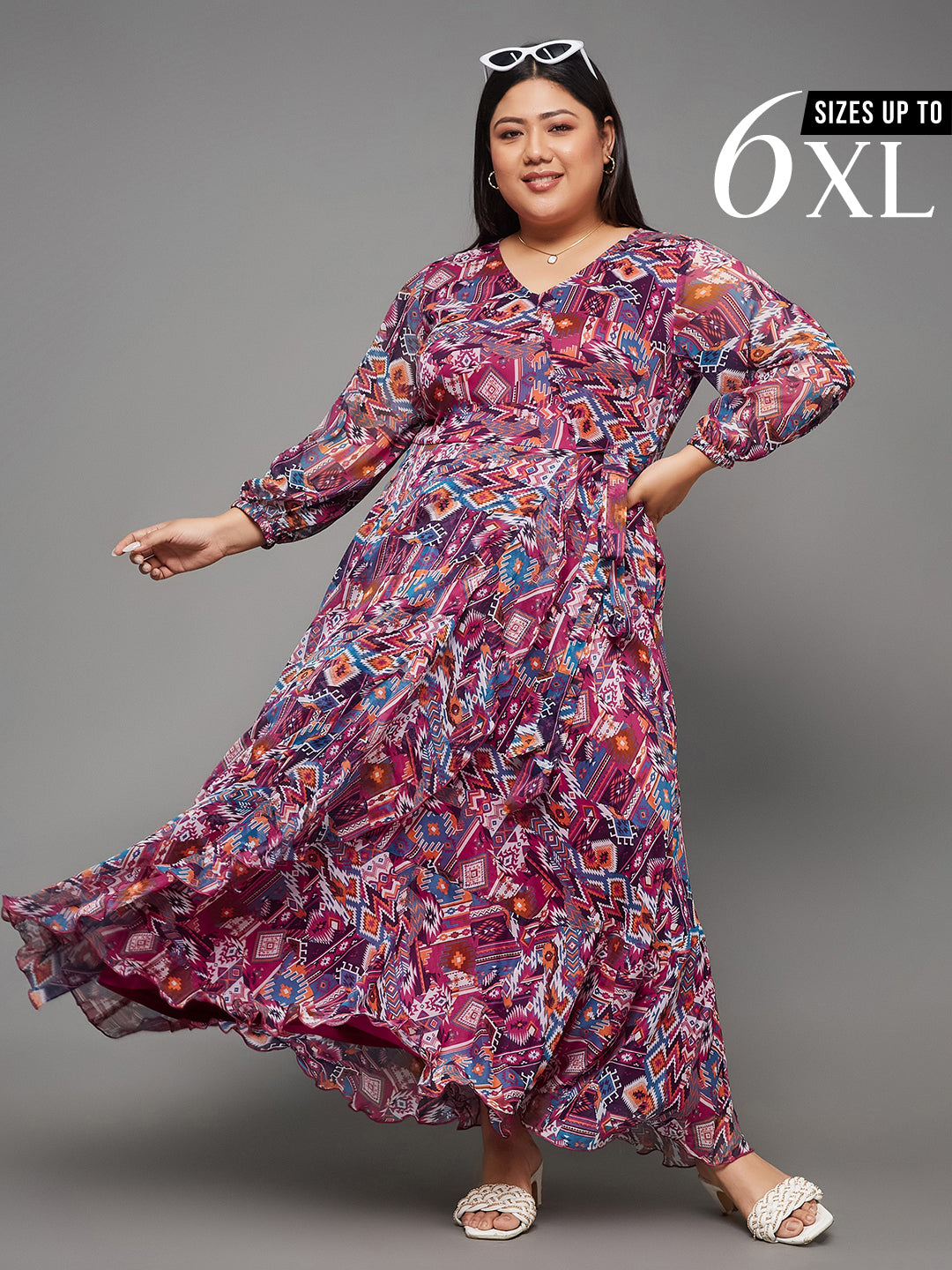 Body Bliss Multicolored Geometric Patterned Wrap Midi Chiffon Dress for Women