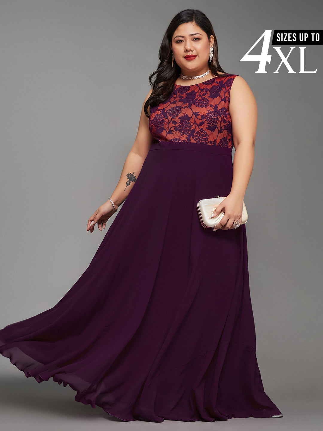 Dark Purple & Rust Sleeveless Fit and Flare Lace Dress for Women