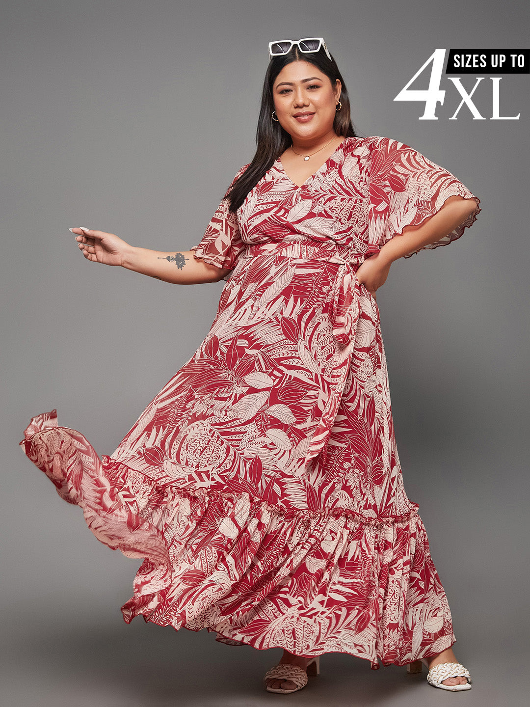 Maroon Floral Printed Flutter Sleeves Maxi Dress for Women