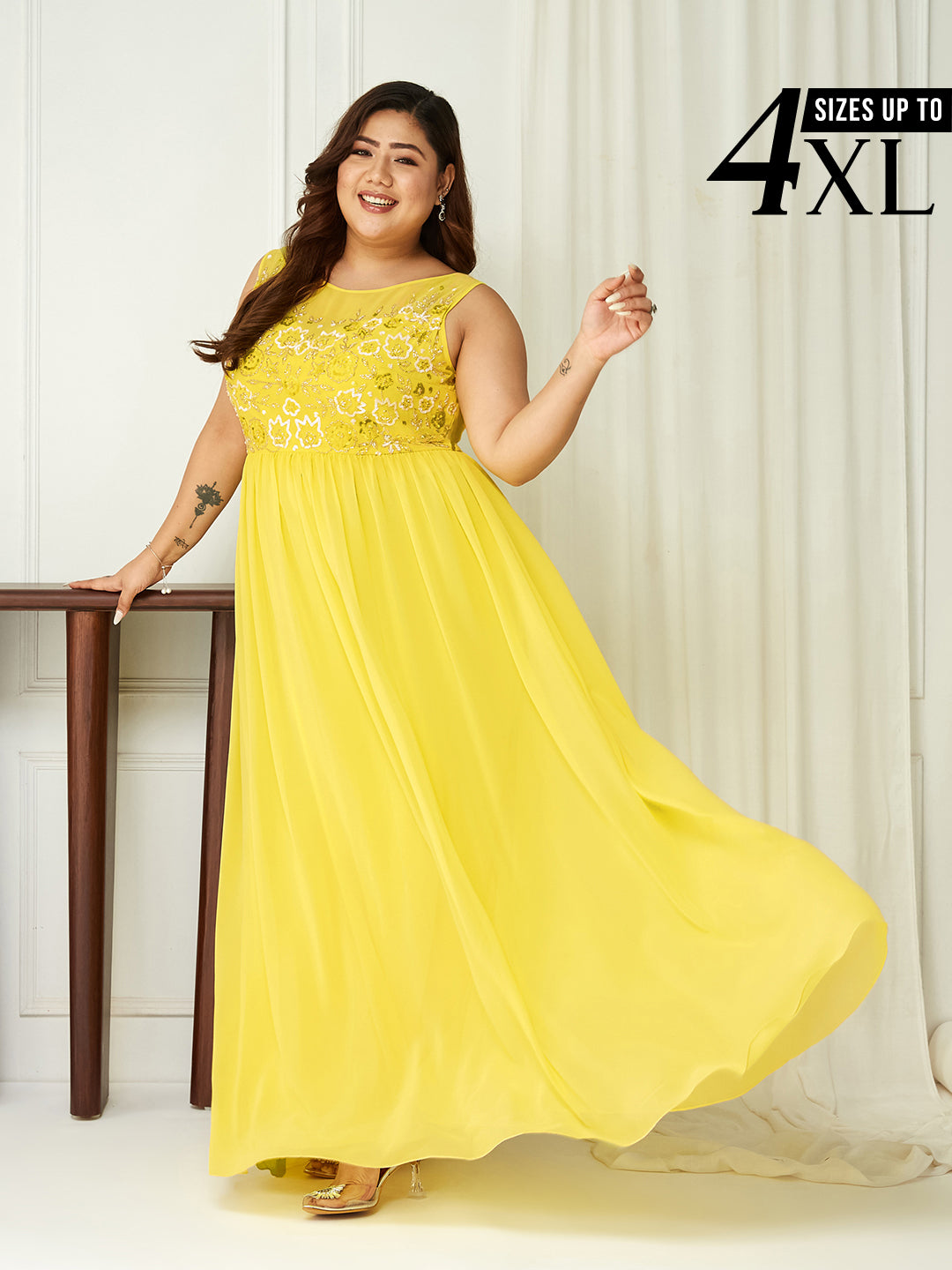 Bright Yellow Sleeveless Fit and Flare Sequinned Maxi Dress for Women