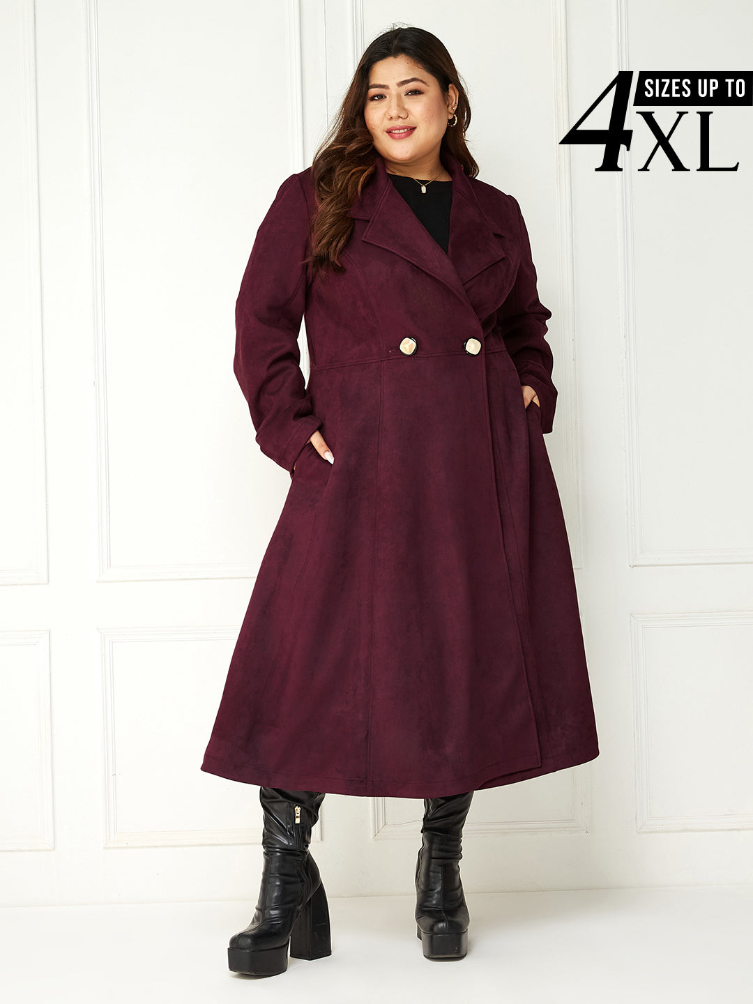 Body Bliss Wine Solid Double Breasted Longline Jacket for Women