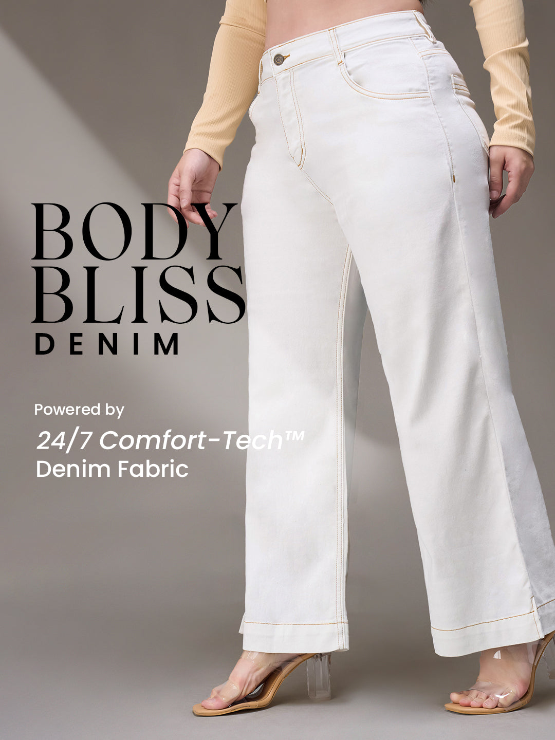 Body Bliss White Flared Mid-Rise Ankle length Stretchable Denim Jeans for Women