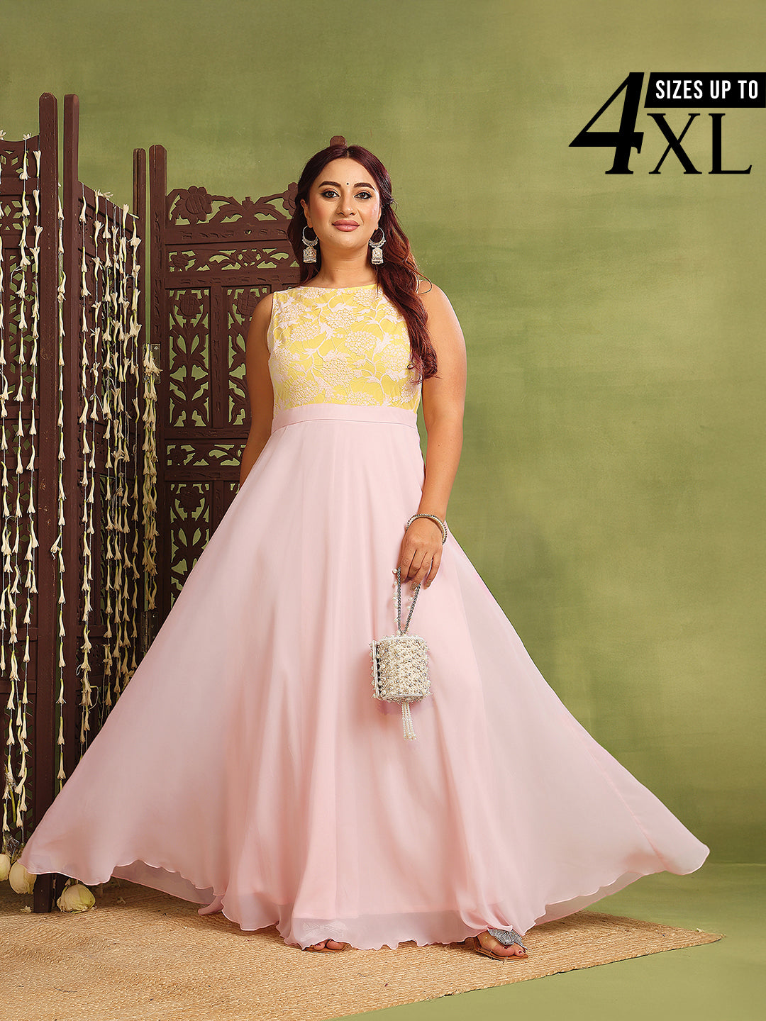 Dusty Pink & Yellow Sleeveless Fit and Flare Lace Dress for Women