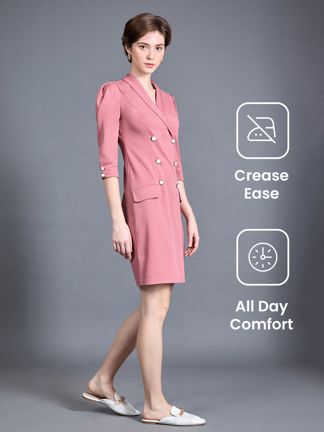 Women's Dusty Pink Solid Double Breasted Knee Length Dress