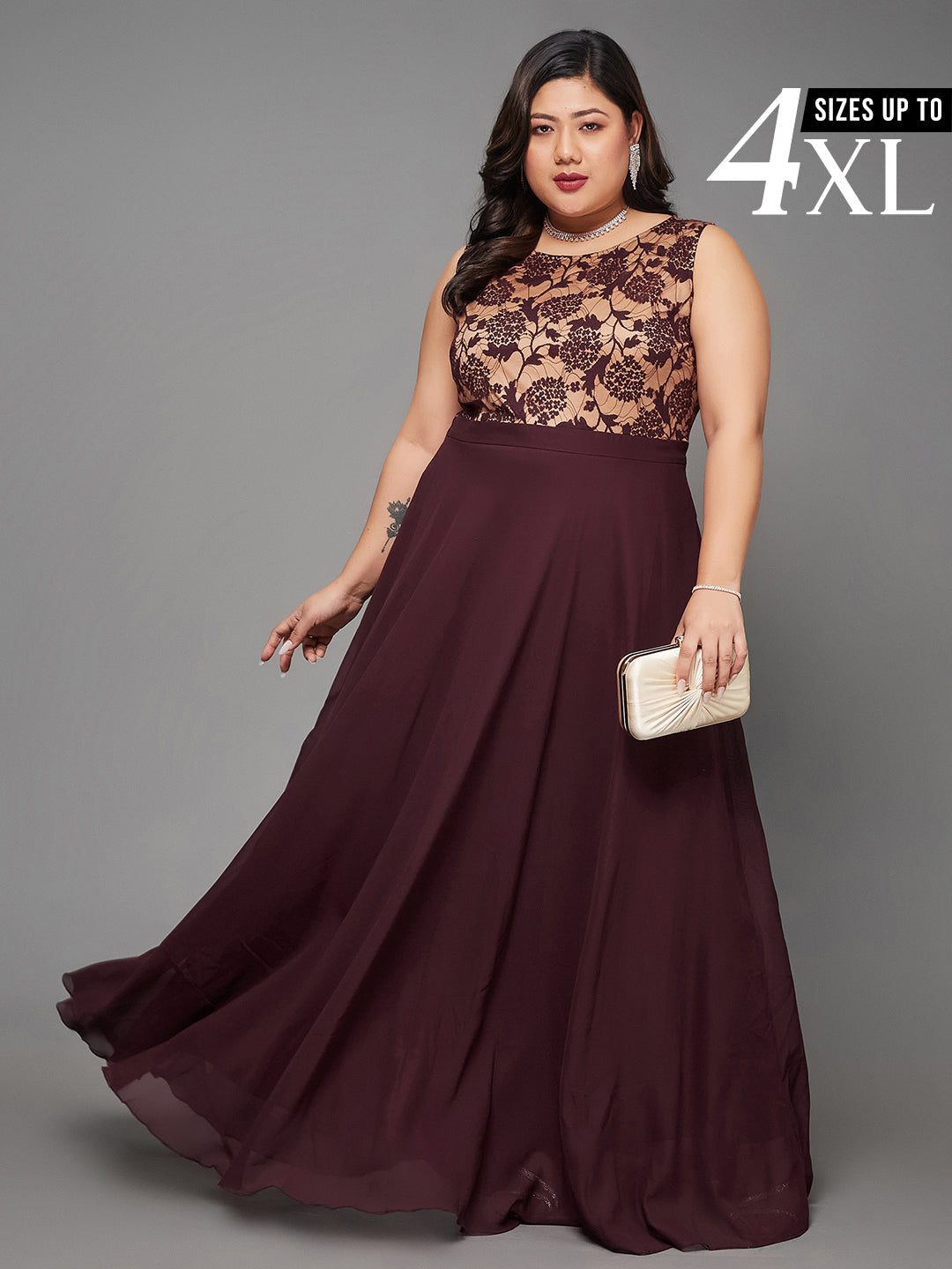 Wine & Beige Sleeveless Fit and Flare Lace Dress for Women