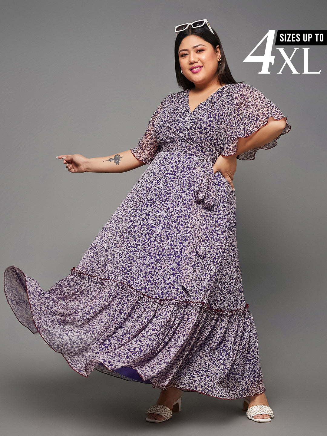 Purple Floral Printed Flutter Sleeves Maxi Dress for Women