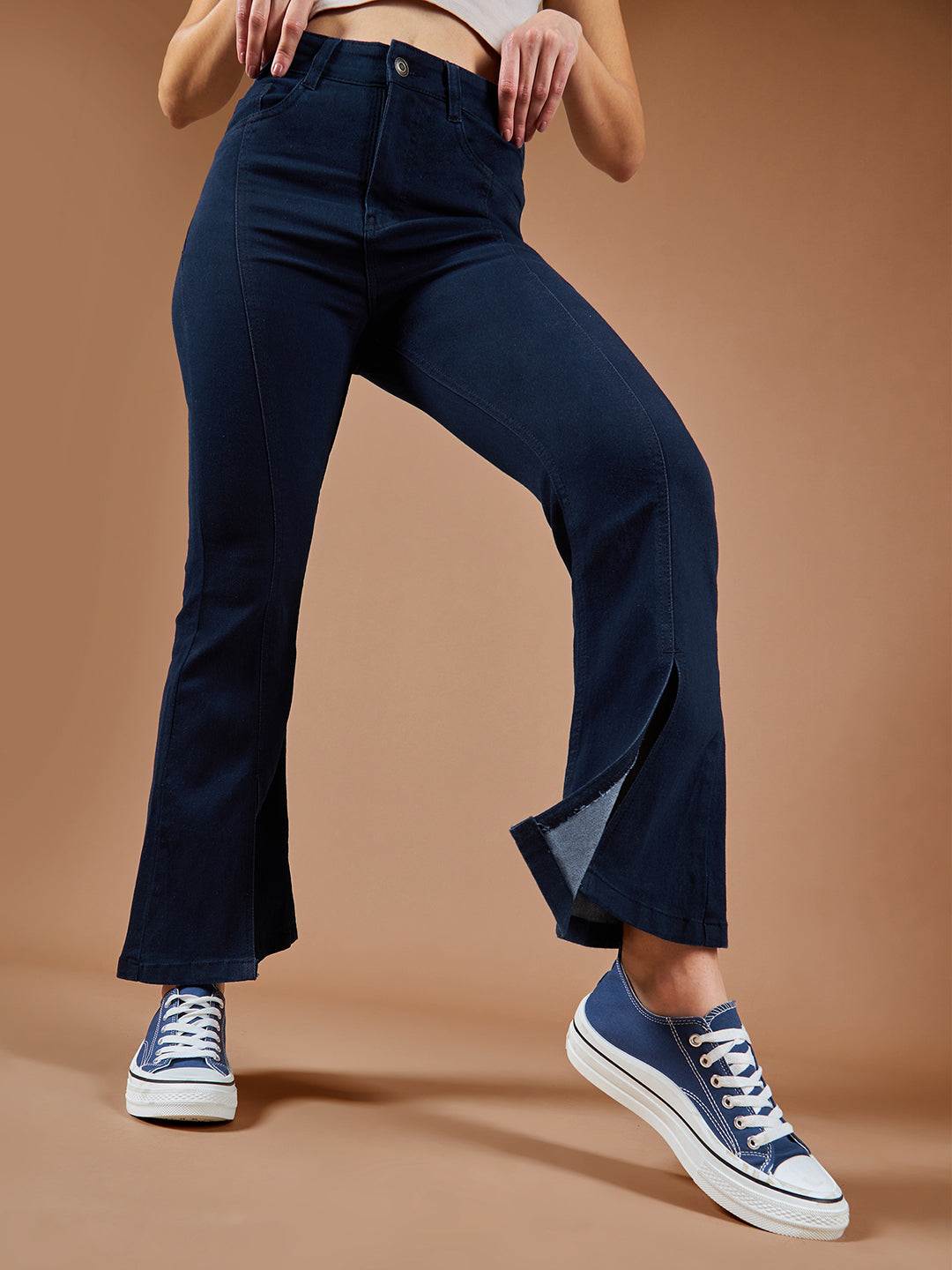 24/7 Comfort Navy-Blue Bell-Bottom Bootcut High-Rise Stretchable Slit Denim Jeans
