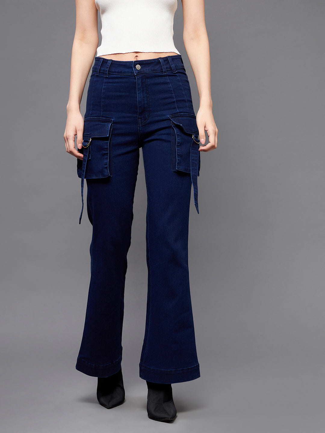 24/7 Comfort Navy-Blue Bell-Bottom Bootcut High-Rise Stretchable Cargo Denim Jeans