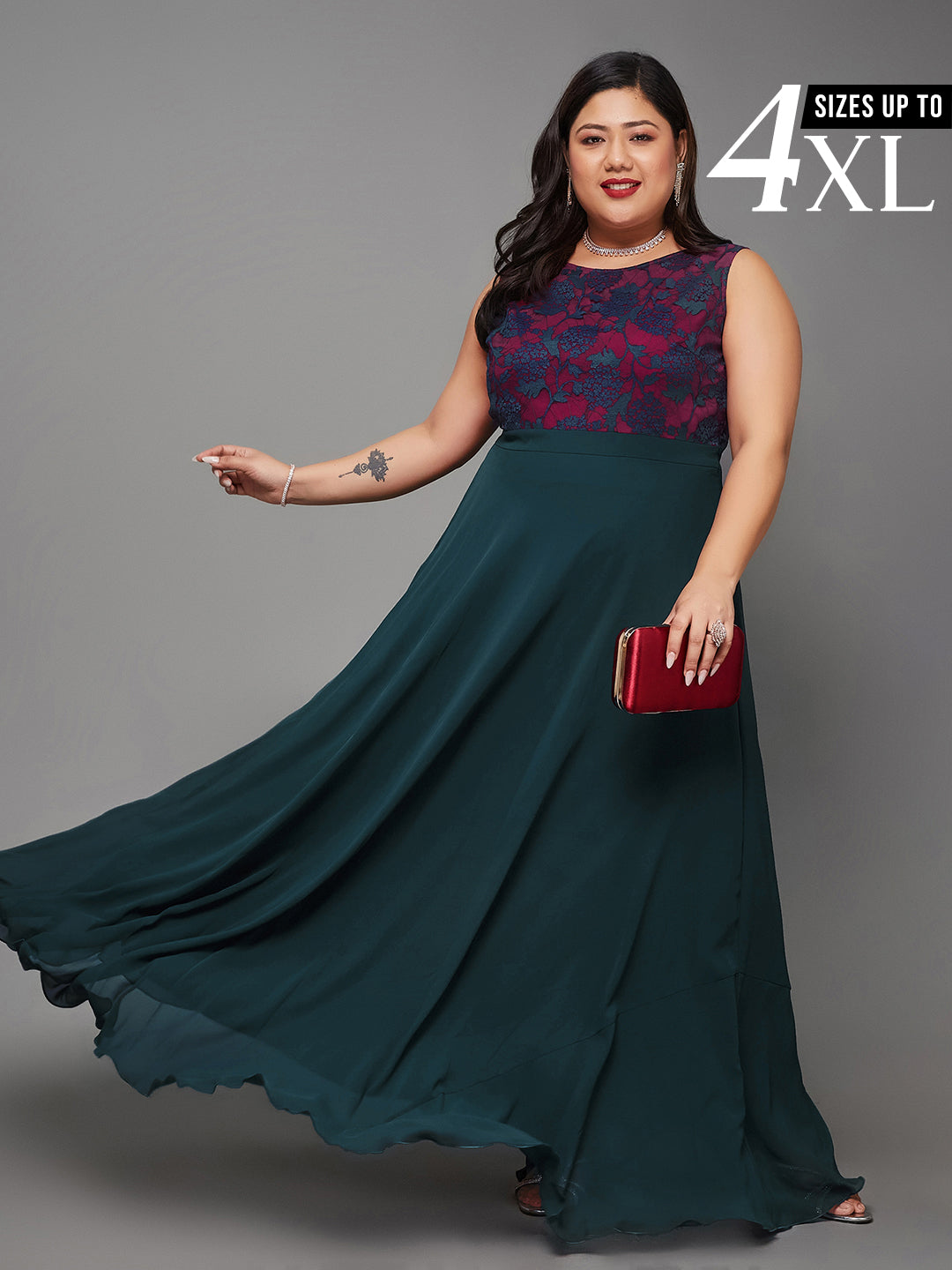 Teal & Dark Pink Sleeveless Fit and Flare Lace Dress for Women