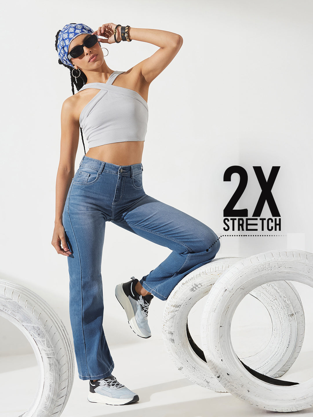 CHASEstretch™ Light-Blue Wide-Leg Mid-Rise Blast Effect Light Weight Denim Jeans for Women